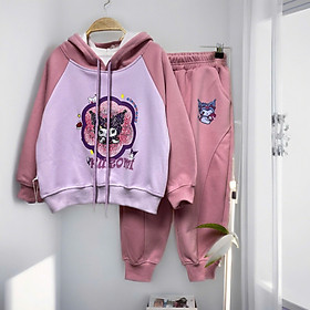 Bộ nỉ bé gái có mũ 4-10 tuổi chữ và hình kuromi chất liệu cao cấp kiểu dáng thời trang