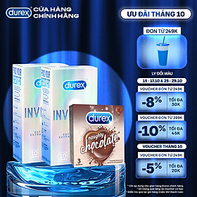 BỘ 1 HỘP BAO CAO SU siêu mỏng thêm bôi trơn DUREX INVISIBLE LUBRICATED và 1 HỘP DUREX INVISIBLE EXTRA THIN EXTRA SENSITIVE (52 mm, 10 bao/hộp)