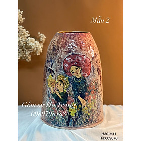 Lọ hoa gốm sứ Bát Tràng cao cấp vẽ tay cô gái vùng cao cao 30cm đk miệng 11cm