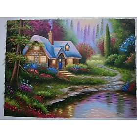Mua Ngôi Làng Bên Hồ - Tranh Sơn Dầu Vẽ Tay - 45x60cm