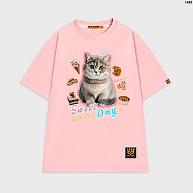 Áo thun tay lỡ unisex hình Mèo cute Sweet Day nhiều họa tiết - Hồng, Hồng