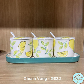 Bộ gia vị sứ 3 lọ kèm khay thìa họa tiết cherry- chanh vàng- hoa lá