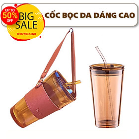 Ly, Cốc Thủy Tinh Bọc Da Dáng Cao Kèm Quai Xách, Ống Hút Sanh Chảnh, Dày Đẹp