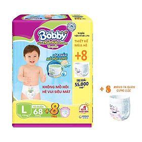Tã quần Bobby - Đệm Lưng Thấm Mồ Hôi L68 (68 miếng) - Tặng 8 miếng trong gói