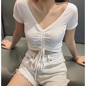 Áo Croptop Rút Dây Giữa Ngực Chất thun gân mềm mịn kiểu dáng Ulzzang - Babi Trendy CT29
