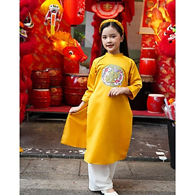 Áo dài bé gái BYZU thiết kế cách tân thêu cá, vải tafta lụa màu vàng cao cấp (Song Ngư)