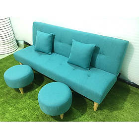 Bộ sofa bed xanh ngọc bố vs 2 ghế đôn tròn, sofa giường, ghế sofa phòng khách, salon, sopha, sô pha, sa lông