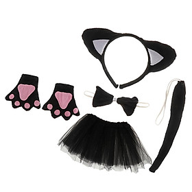 Christmas Girls Kids Birthday Black Cat Costume Set Ear Headband TUTU Skirt Bowtie Gloves Tail Fancy Dress Outfit