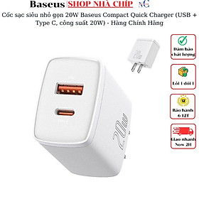 Cốc sạc siêu nhỏ gọn 20W Baseus Compact Quick Charger (USB + Type C, công suất 20W) - Hàng Chính Hãng