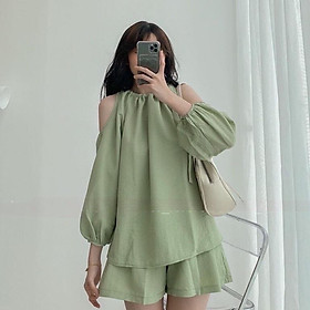 Set Bộ Đũi Khoét Vai Tay Bo Buộc Dây Quần Đùi Ống Rộng 2 Màu Siêu Xinh
