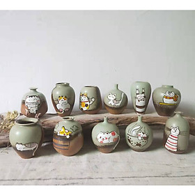 Lọ hoa gốm sứ mini họa tiết Cat cute nâu xám - 1 chiếc - Hình ngẫu nhiên
