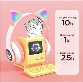 Tai Nghe Mèo Bluetooth , Headphone Tai Mèo Dễ Thương Có Mic,Âm Bass Mạnh Mẽ Và Dung Lượng Pin Khủng 400mAh