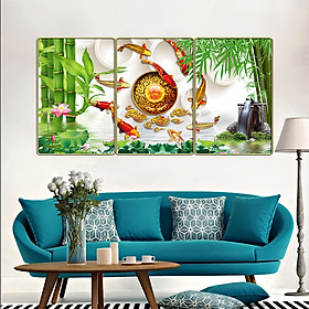 Tranh treo tường 3 tấm trang trí phòng khách, phòng ăn, phòng ngủ Cửu ngư quần hội: 2388L10