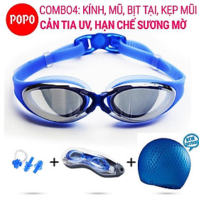 Kính bơi người lớn, kèm mũ bơi và bịt tai kẹp mũi POPO mắt kính bơi chống tia UV hạn chế sương mờ