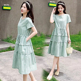 Đầm xòe Đũi Việt ngắn tay kẻ sọc caro thời trang cho nữ, phong cách thanh lịch DV211