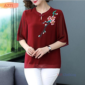 ️Có Big Size️Áo Kiểu Trung Niên Phối Họa Tiết Hoa Sang Trọng Đi Tiệc Cho Mẹ U50-80