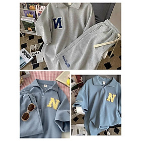 Set Bộ Áo Polo Cộc Tay Quân Short Nữ Thêu Chữ N Dáng Rộng Vải Thu Gân So Hot