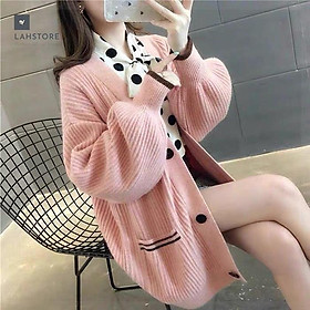 Áo len cardigan nữ tay phồng tiểu thư LAHSTORE, thời trang thu đông 2021 (Xanh)