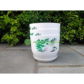 3 Chậu Nhựa Tròn Sứ Trơn 120x95 Có Kèm Đĩa Lót - Nhựa Đức Minh