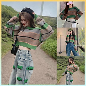 Áo len nữ Montoghi dệt kim cổ tròn TAY DÀI dáng CROPTOP kẻ sọc xanh loại 1 phong cách Hàn Quốc cá tính