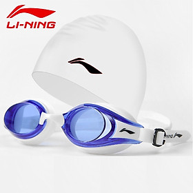Bộ Kính bơi người lớn LI-NING chống tia UV chống sương mù kèm nút bịt tai (Xanh Trắng) và Nón bơi LI-NING (Trắng) - Hàng chính hãng 