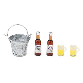 1/12 Ice Bucket Beer Bottles Cups Model Set for Doll House Kitchen / Pub Bar Decor, Party Supplies, Kids Pretend Play Toys