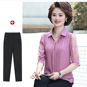 Bộ đồ trung niên tay lỡ phối ren sang trọng ab12 - hàng quảng châu cao cấp