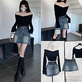 ĐẦM SET ÁO CROPTOP TRỄ VAI ÔM BODY TAY DÀI + CHÂN VÁY NGẮN JEANS CHỮ A LƯNG CAO SUÔNG TRƠN ĐI TIỆC DẠO PHỐ ĐI CHƠI ĐI BIỂN