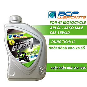 Combo 2 Chai Nhớt Xe Số BCP Super 1 SAE 15W40, API SL, JASO MA 1 Lít Chai