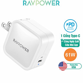 Adapter Sạc 1 Cổng Type-C 61W Công Nghệ GaN Hỗ Trợ Sạc Nhanh PD Power Delivery RAVPower RP-PC112 Với Đầu AC Gập - Hàng Chính Hãng