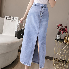 Chân váy jean dài nút lệch xẻ tà C125
