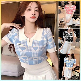 Áo len Montoghi dệt kim Quảng Châu CARO TRÁI TIM cổ đức màu sắc xinh xắn