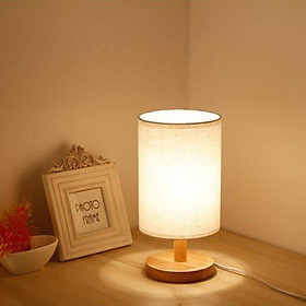 Đèn ngủ để bàn gỗ cao cấp chóa vải trắng kẻ - Tặng kèm bóng LED chuyên dụng