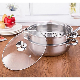 Nồi hấp xửng hấp cách thủy đa năng 2-3 tầng inox size 28cm - Nồi hấp xửng hấp kiêm nồi lẩu luộc gà inox 28cm