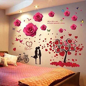 Decal dán tường Combo 2 tranh Bông hồng + đôi tình nhân