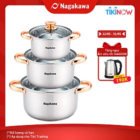 Bộ 3 nồi inox 4 đáy Nagakawa NAG1306 (16cm, 20cm, 24cm) - Quai mạ vàng - Dùng trên mọi loại bếp - Hàng Chính Hãng
