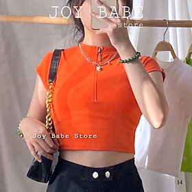 Áo thun croptop cổ bẻ kéo khóa JOY BABE thun xịn co giãn 4 chiều  crop polo trơn basic cam xanh lá sáng da CRON 14 -4E