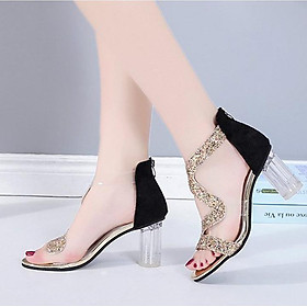 Giày cao gót nữ gót trong quai kim tuyến zik zak cao 8cm 2 màu Đen và Vàng - Linus LN130