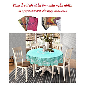 Khăn trải bàn tròn - đường kính 178cm PAULEE FY116 , hoa văn, màu xanh ngọc, nhựa PVC dẻo, không thấm nước