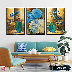 Bộ 3 tranh canvas treo tường Decor bình hoa cách điệu màu xanh tím – DC049