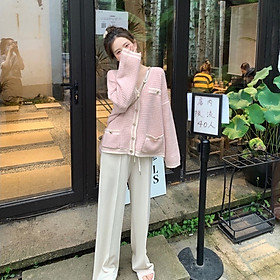 Áo khoác len cardigan màu hồng dáng rộng oversize phong cách Hàn