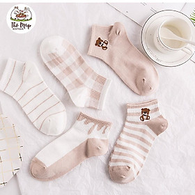 Tất Vớ Cổ Ngắn Nữ Tone Nâu Họa Tiết Gấu Xinh Vải Cotton THỎ MẬP