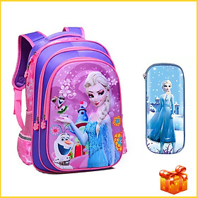 Hình ảnh Balo Đi Học Cho Bé Gái Màu Hồng Màu Tím In Nổi 3D Hình Công Chúa Elsa FROZEN Cấp 1 Tiểu Học (Tặng hộp bút) TE3