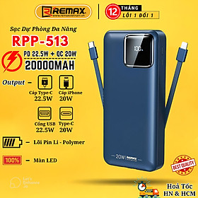 Sạc Dự Phòng 20000mAh Remax RPP-513 Tích Hợp 2 Cáp Sạc Nhanh TypeC và Lighning PD 22.5W - Hàng Chính Hãng Remax