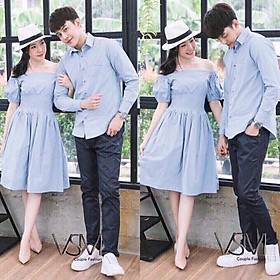 Áo đôi Áo cặp Set áo váy đôi chụp cưới đi biển màu xanh - AV05
