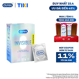 Bao Cao Su Durex Invisible Siêu Mỏng, Size 52 mm, Hộp 16 Bao Mới Ra Mắt - Hộp Lớn Siêu Tiết Kiệm