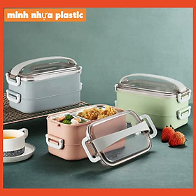 Bộ Hộp Cơm Giữ Nhiệt 2 Lớp 2 Tầng 2 Ngăn INOX304 Thiết Kế Hiện Đại (màu ngẫu nhiên)-tặng bộ chổi vệ sinh mini có hít từ