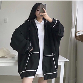  Áo khoác nỉ kiểu dáng hoodie form nữ viền kẻ phom rộng 3 màu cá tính