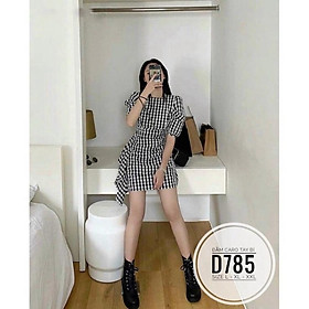 Bigsize 60-90KG vmart Đầm caro tay bí D785 hàng Quảng Châu cao cấp chiết eo giấu bụng