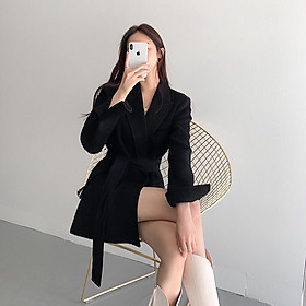 Hình ảnh Áo khoác dạ len cổ vest thắt đai thời trang Hàn Quốc